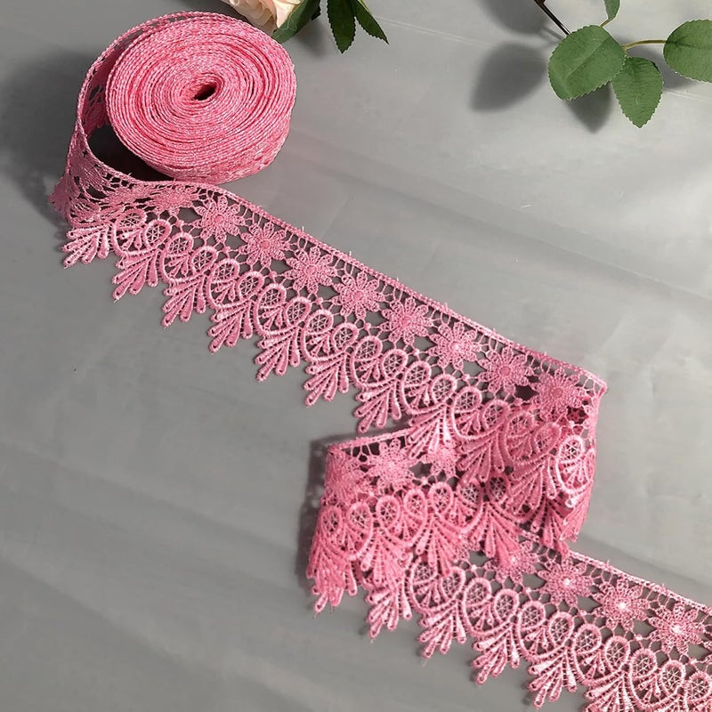 DKKUAYANGUP (Dark Pink Floral Lace Trim - 5 Yards, 9cm Wide | Wedding Dress Embellishment, Gift Packaging, Party Decor | DIY Sewing & Craft Supplies - Image 2